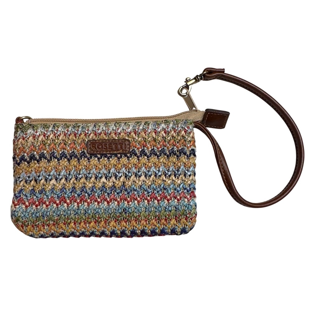 Rosetti Multicolor Woven Straw Wristlet Boho Chevron Zig Zag Clutch Summer Bag